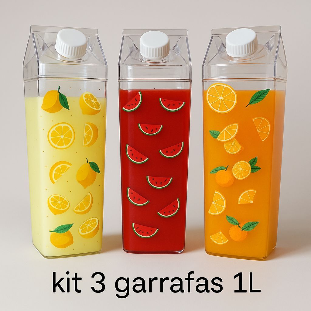Kit 3 Garrafa de Acrílico Plástico Sem BPA Resistente Geladeira Suco Leite Chá Quadrada Re...