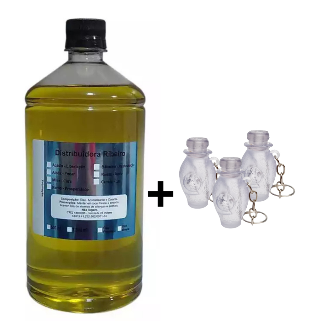Kit 1 litro Óleo de unção + 100 chaveiros botija porta óleo de unção cores variadas.
