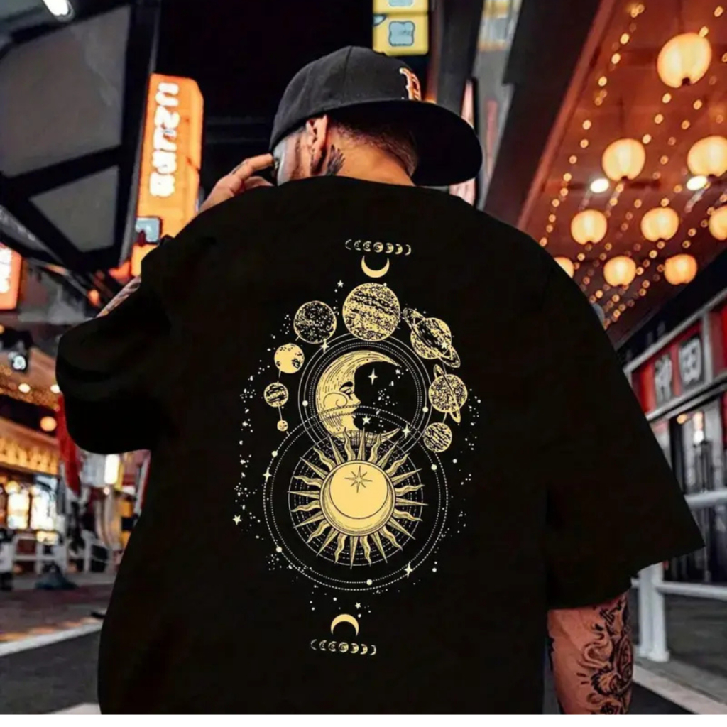 Camiseta Masculina Oversized Estampada Nas Costas Sistema Solar Planetas Camisa 100% Algodão Streetwear Skatista Casual