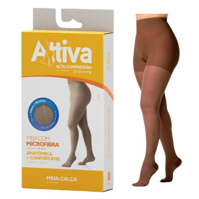 Meia Calça Elástica Alta Compressão 20-30mmHg Cor Natural Escuro Attiva Ponteira Fechada