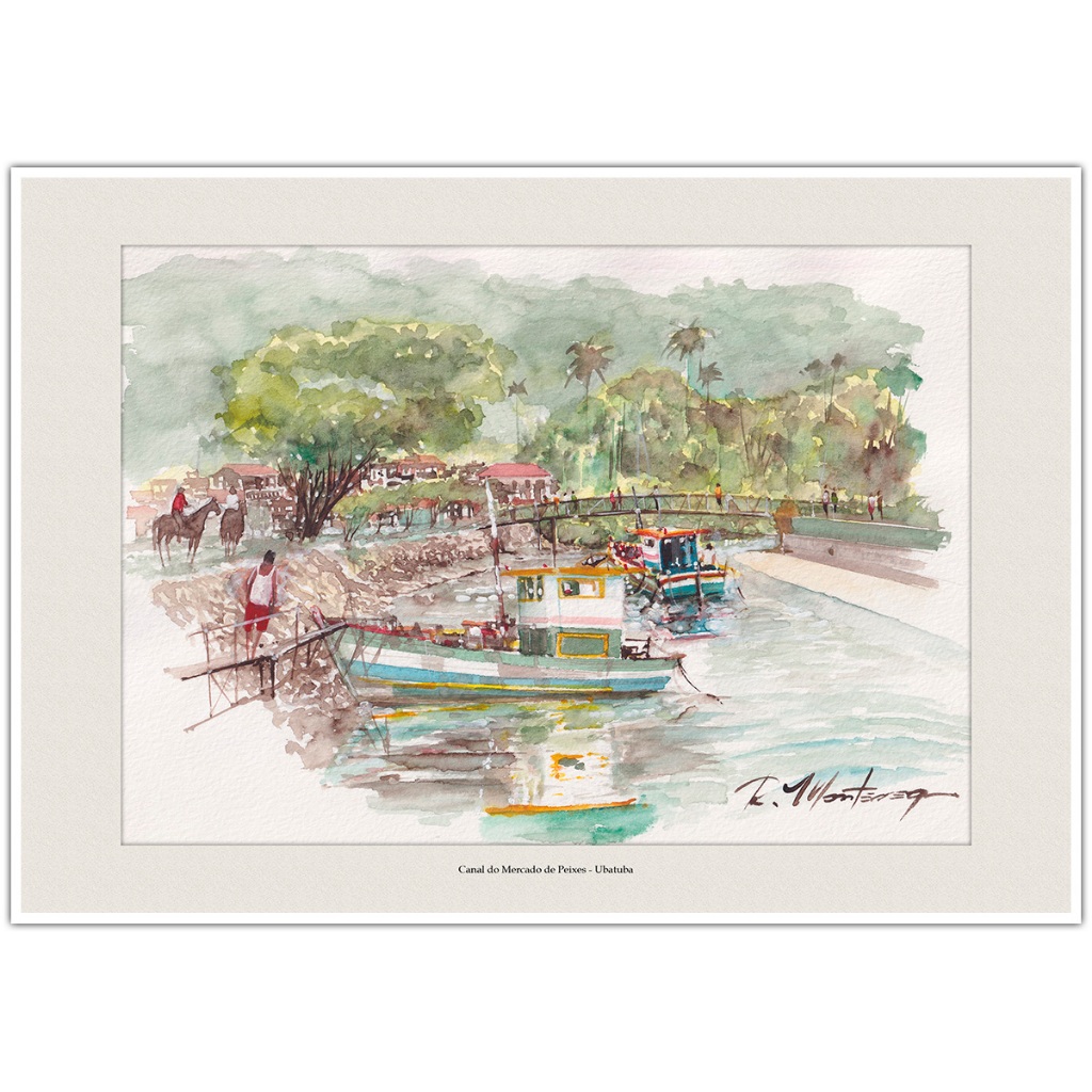 Canal do Mercado de Peixes - Ubatuba | Arte Aquarela para Quadro Decorativo | Decoração Elegante A4