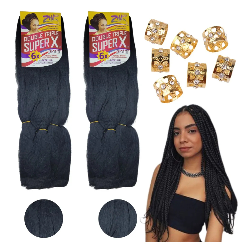 Kit 2 Pacotes Cabelo Jumbo Super X Para Tranças Box Braid Cor Preto #1 E Aneis