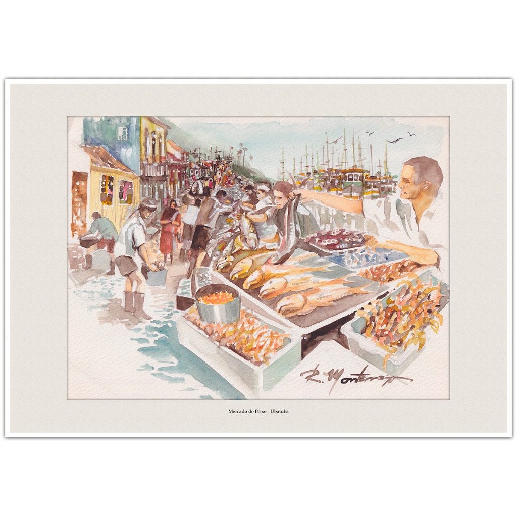 Mercado de Peixe - Ubatuba | Arte Aquarela para Quadro Decorativo | Decoração Elegante | A4