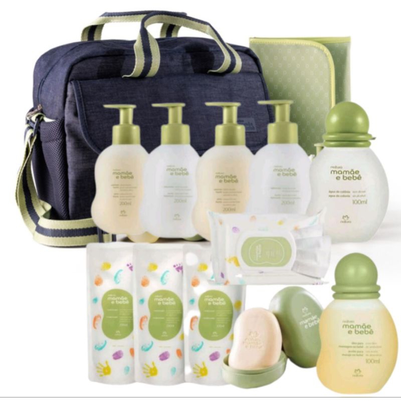 Kit Natura Exclusivo Mamãe e bebê Completão com Bolsa Grande Modelo Jeans com trocador
