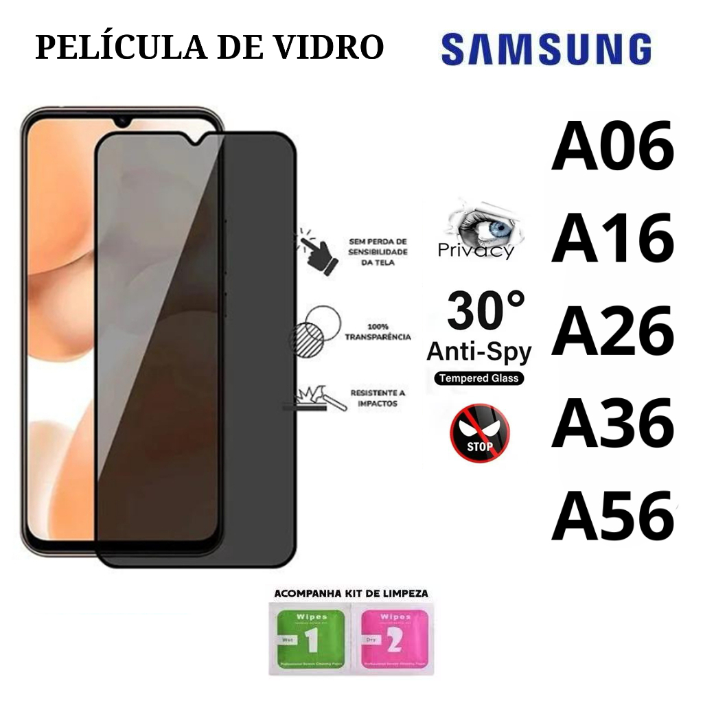 Película De Privacidade 3D Vidro Temperado Anti-Spy Para Samsung A06 A16 A26 A36 A56