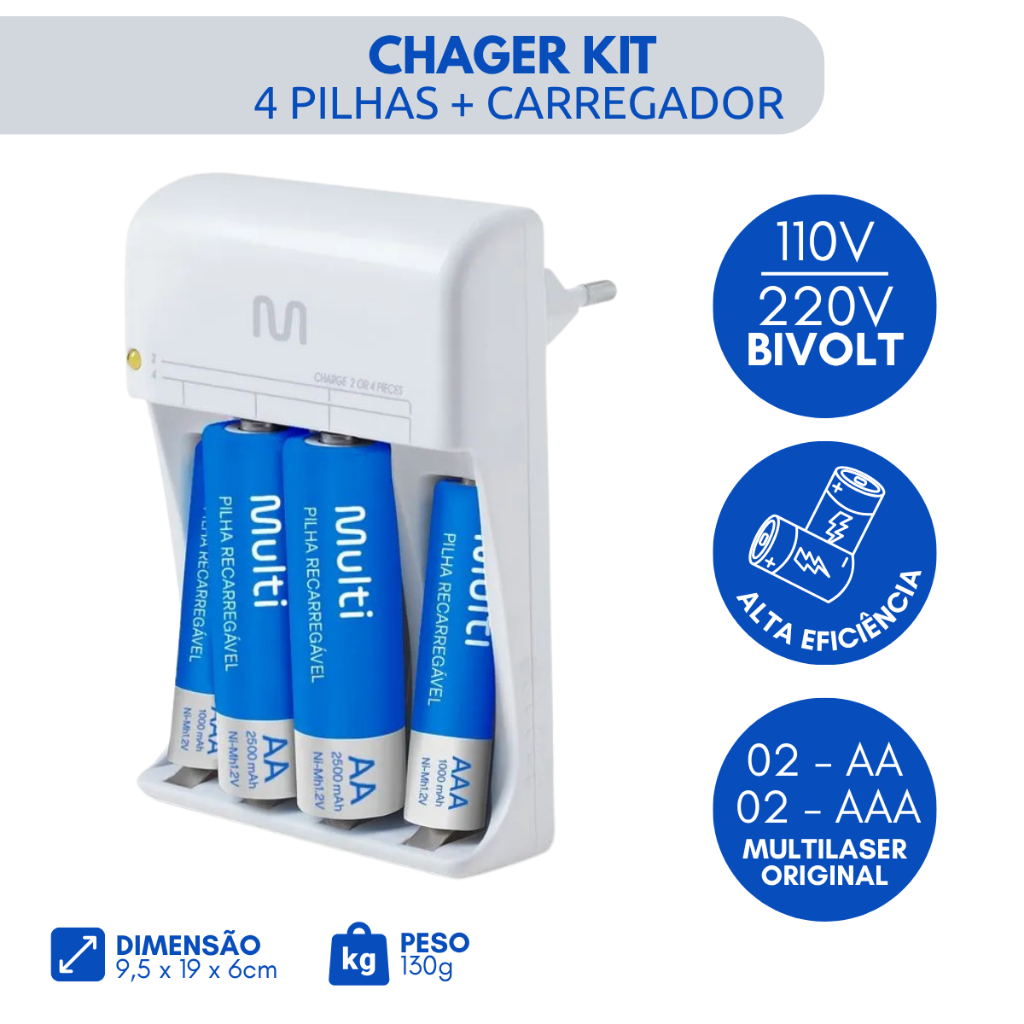 Carregador De Pilha Multilaser Aa/aaa + 2 Pilhas AA 2500Mah + 2 Pilhas AAA 1000Mah - CB045 Original ACOMPANHA PILHAS