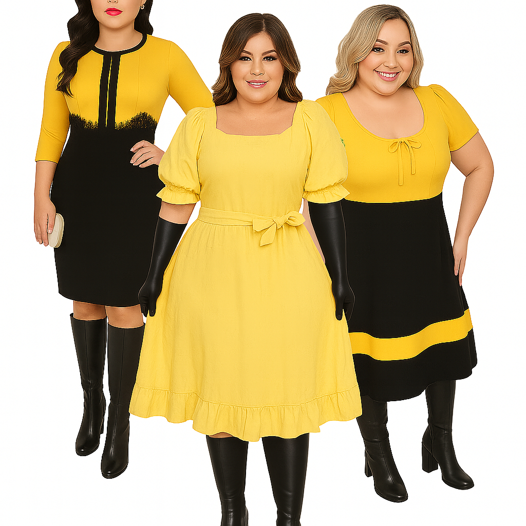 Vestido Plus Size Amarelo Moda Evangélica Social Rodado Plus Godê Evasê Lançamento Evangélico Modesto mais vendido