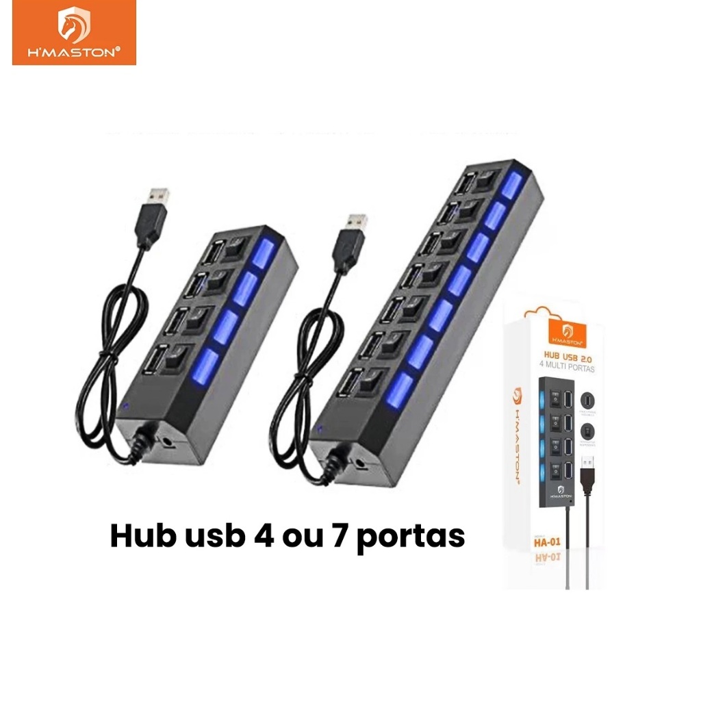 Régua Usb Extensão Hub Usb 2.0 4 ou 7 Portas Usb Pen Drive Teclado