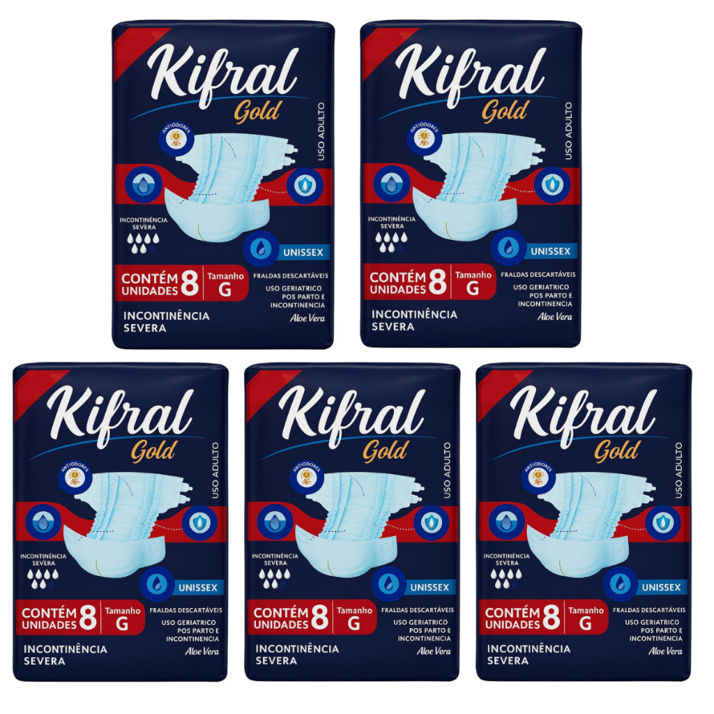 Kit 5 Pct Fraldas Geriátricas Kifral Gold Tamanho Médio P M G EG