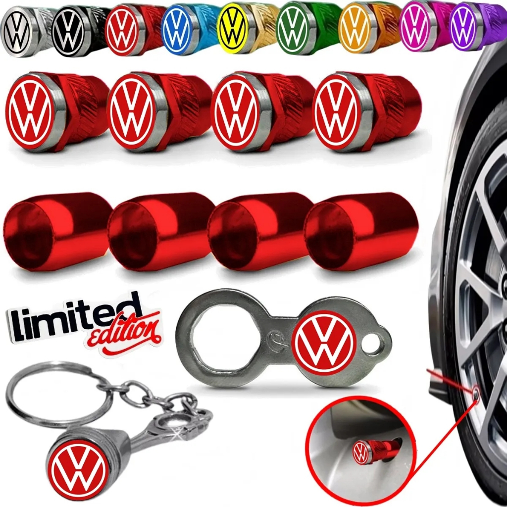4 Tampa de Válvula de Pneu Anti Furto em Metal Vermelho da Volks com Chaveiro Pistão