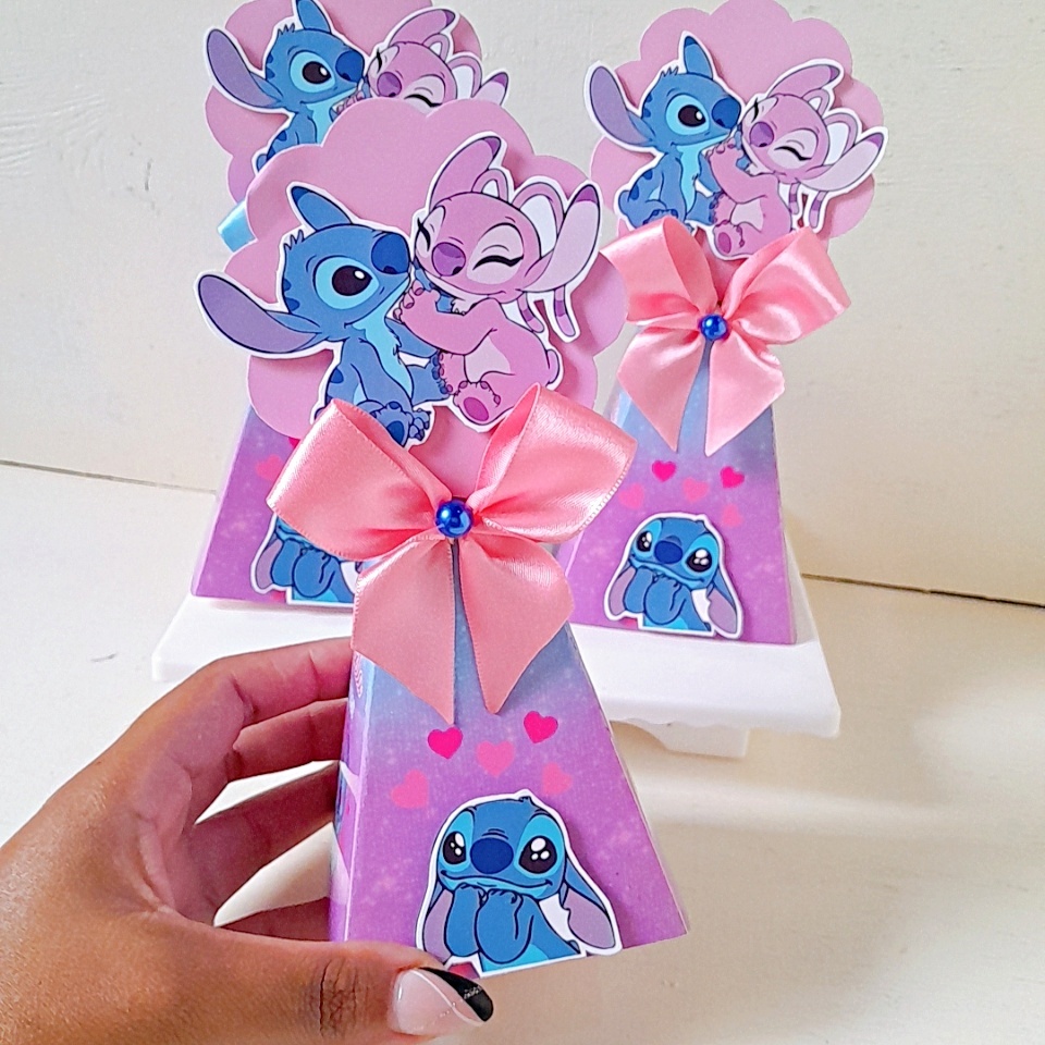 PEGUE E MONTE Kit Caixas Pirâmide Personalizadas Stitch e Angel Lembrancinha Festa Infantil Caixinha Mimo