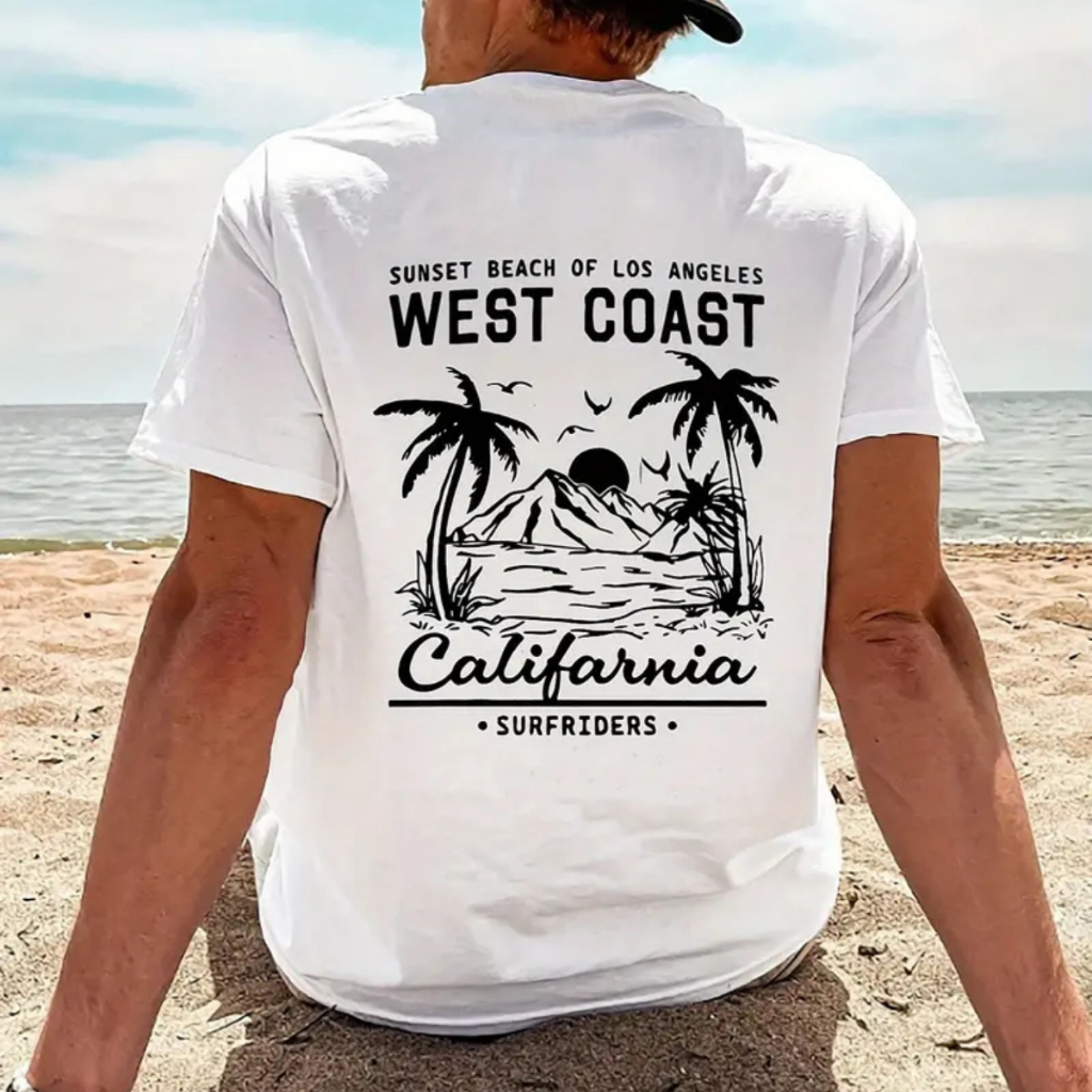 Camiseta Masculina Estampada West Coast Coqueiros Mar California Camisa 100% Algodão Estilo Streetwear Surfista Casual