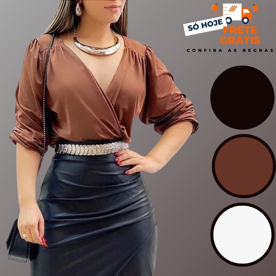 Blusa Cropped Feminina Elegante Suplex Manga Longa Transpassada