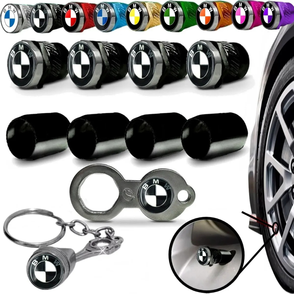 Jogo Tampa de Válvula de Pneu modelo Anti Furto Preto da BMW com Chaveiro Pistão