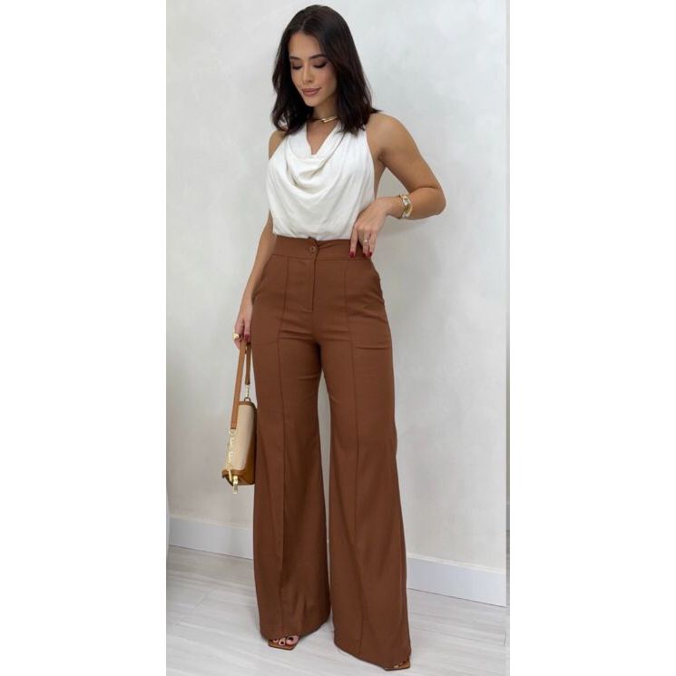 Calça Pantalona Feminina em Linho com Elastano – Cintura Alta e Caimento Elegante