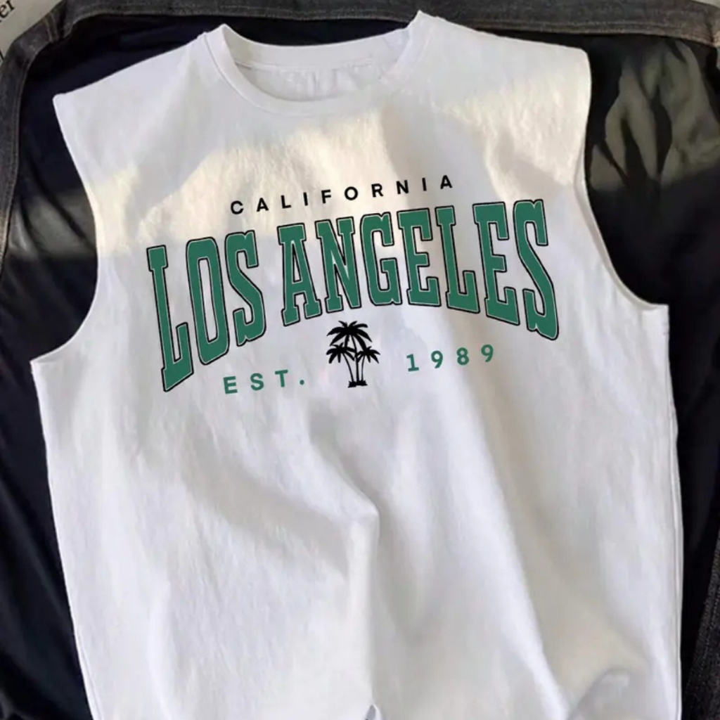 Camisa Regata Machão Estampado Los Angeles Coqueiro 1989 California USA Estilo Streetwear Casual Básico Verão Pra Homens