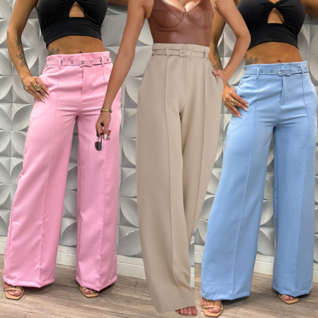 Calça Pantalona Feminina Alfaiataria Premium Social Com Cinto Luxo em Oferta na Shopee