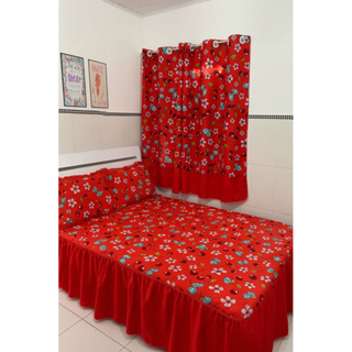 kit colcha com cortina casal estampado floral em Oxford em Oferta na Shopee