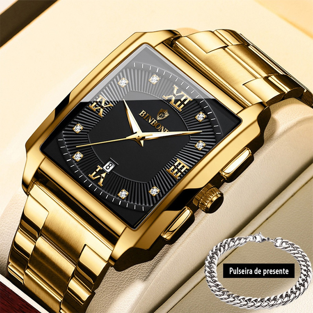 Binbon relógio masculino quadrado dourado e preto, à prova d'água, luminoso, aço inoxidável,quartzo em Oferta na Shopee