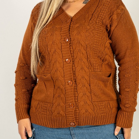 Casaco Feminino Plus Size Lã Premium Inverno Tricot Bolsos Fechamento Botão - 20356