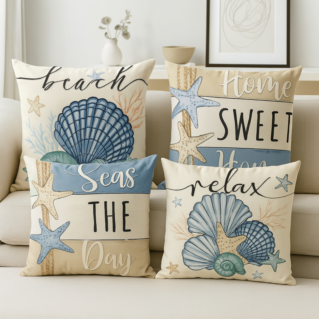 Kit Com 4 Capas De Almofadas 45x45 Praia Beach Conchas Azul Home Sweet Home em Oferta na Shopee