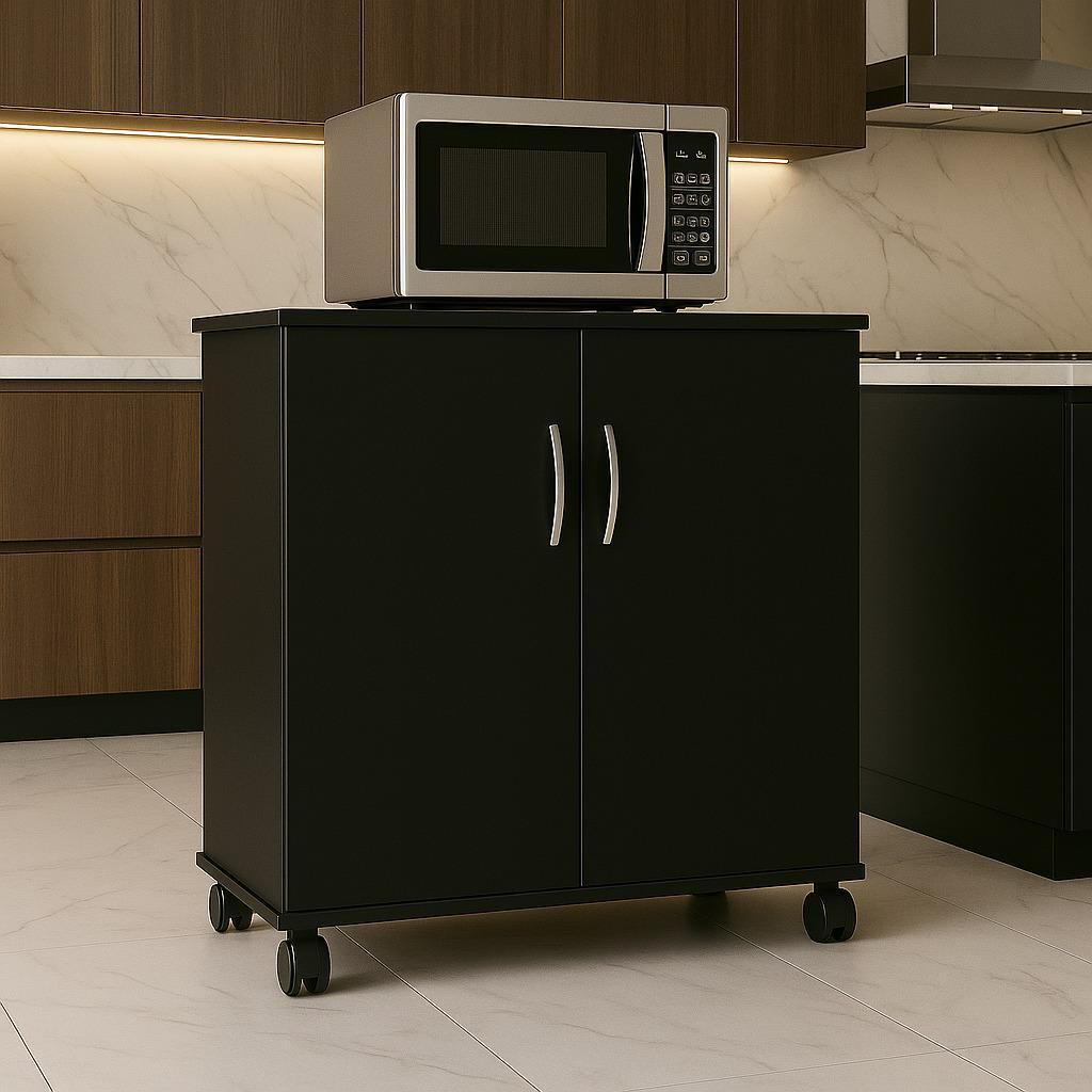 Armário Preto Multiuso 5 Prateleiras Decorativo 2 Portas Microondas Organizador