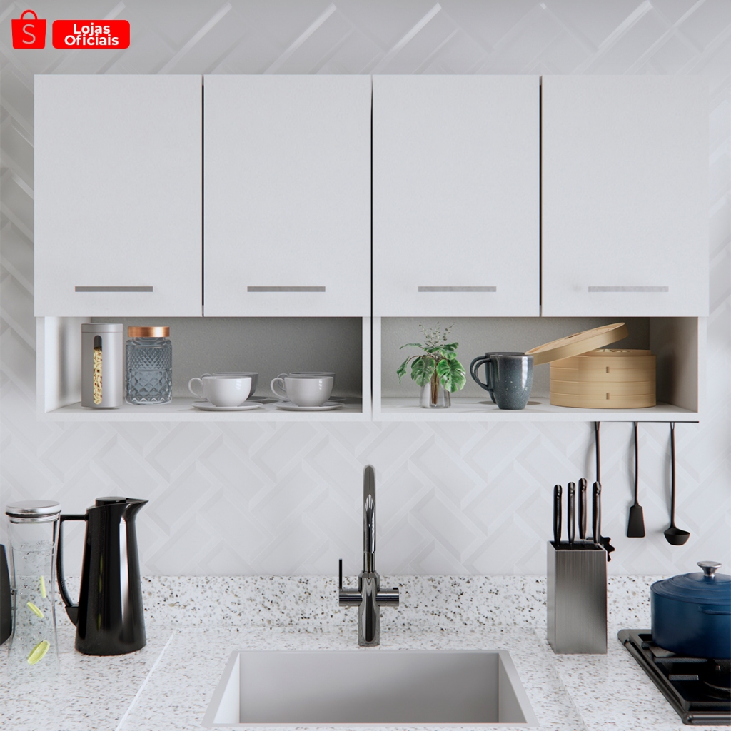 Armário Aereo 4 Portas Modular 120cm Cozinha Lavanderia Mais Vendido Lançamento Móveis Bonatto - Home & Living