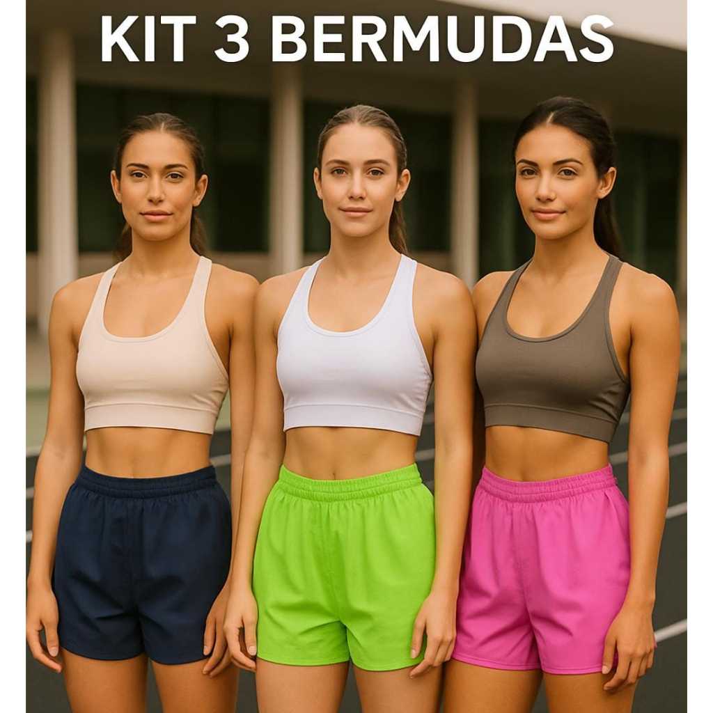 Kit 3 Shorts Tactel Feminino Bermuda Confortável Academia Praia Caminhada Corrida Lazer Envio Rápido