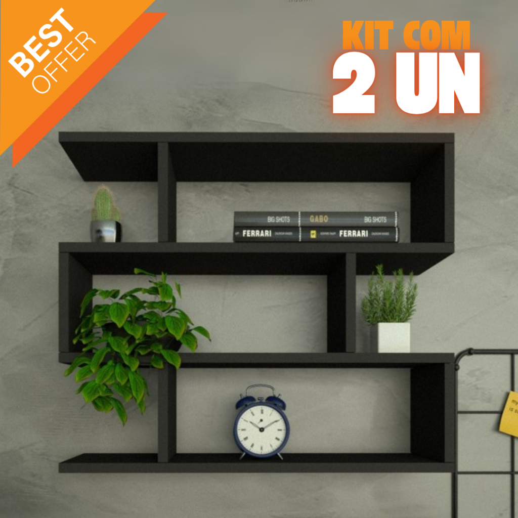 Kit 2 Nichos Zig Preto MDF para Sala Quarto Escritório