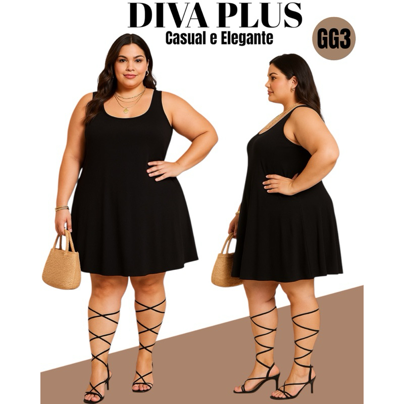 Vestido Regata Plus Size Alça Larga Preto GG3 Malha Viscolycra Soltinho Confortável -Moda Feminina Casual Elegante