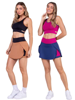 Conjunto Esportivo Feminino para Academia – Top Cropped + Saia Shorts Cós Alto com Bolso
