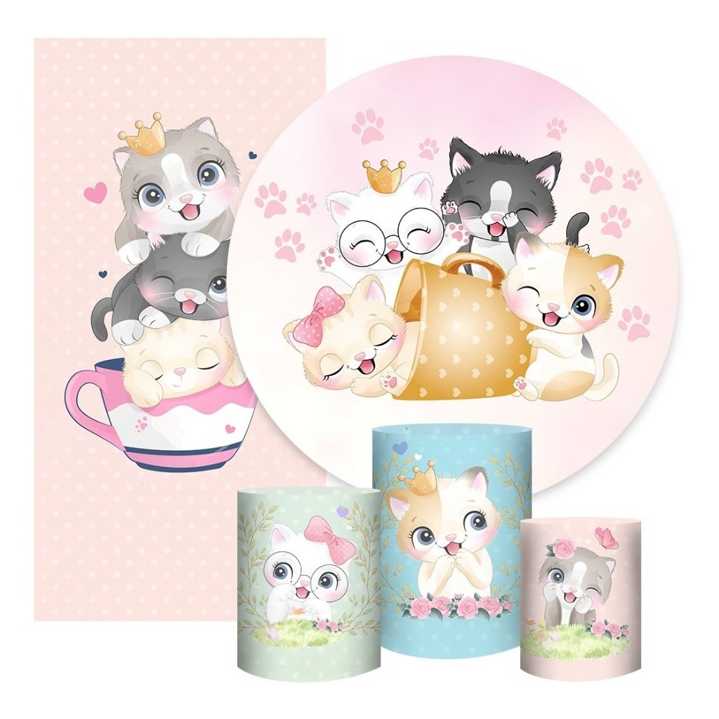Kit Painel Casadinho Lateral + Trio Capas Cilindros Sublimado Veste Fácil Tema Gatinho Cute