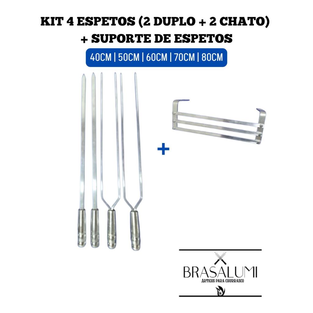 KIT 4 ESPETOS para churrasco (2 duplo + 2 chato) + SUPORTE DE ESPETOS DE ALUMÍNIO