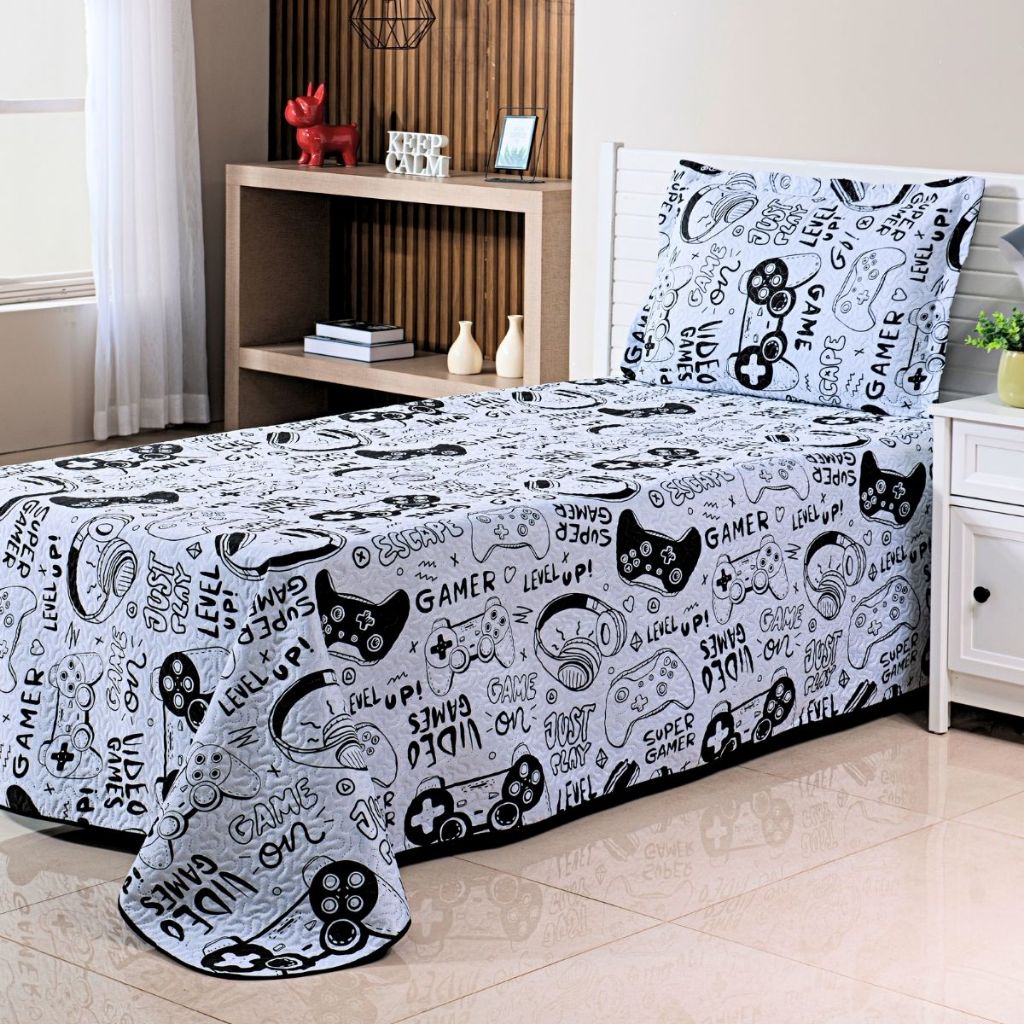 Kit Colcha Cobre Leito Infantil Solteiro Game 02 Peças Decoração para Quarto Gamer em Oferta na Shopee