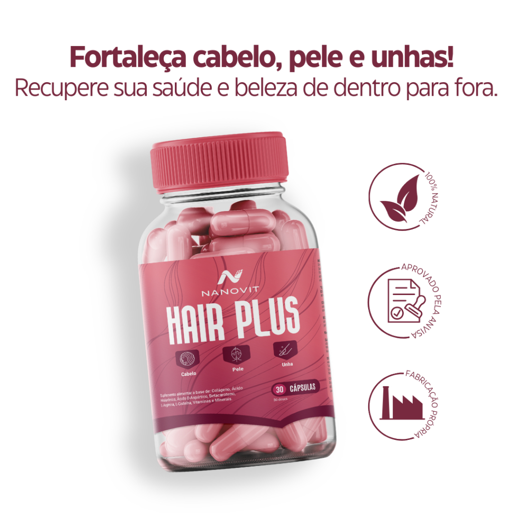Colágeno + Biotina + Ácido Hialurônico | Cabelo, Pele e Unhas - 30 Cáps Suplemento Nanovit Hair Plus