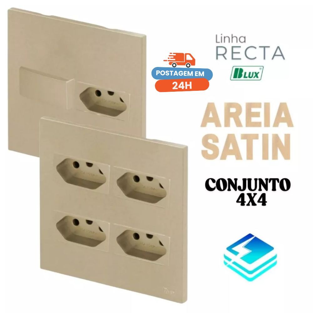 Conjunto Tomada Areia 10a 20a Interruptor Simples Paralelo Recta Areia Satin Blux 4x2 4x4