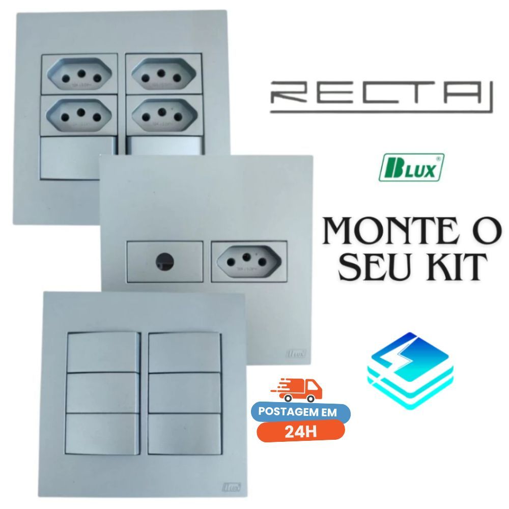 Conjunto Tomada Prata Fosco 10a 20a Interruptor Simples Paralelo 4x4 Recta Prata Satin Fosco BLUX