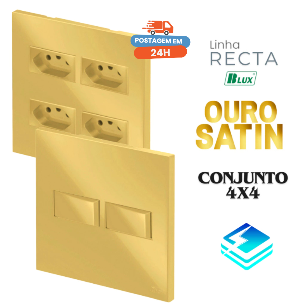 Conjunto Tomada Dourada Ouro 4x4 10a 20a Tecla Simples Paralelo Recta Ouro Satin Blux Fosco