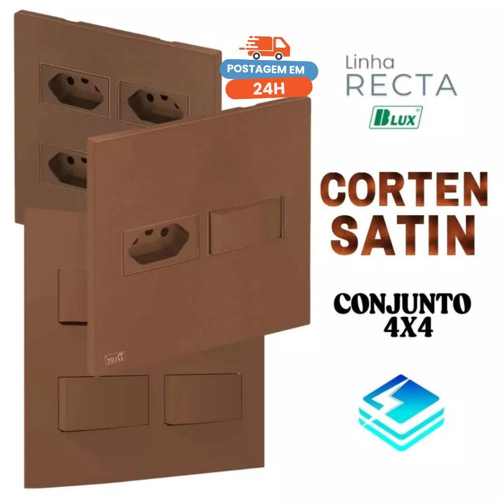 Conjunto Tomada Cobre Corten Bronze 4x4 10a 20a Interruptor Simples Paralelo Recta Corten Fosco BLUX