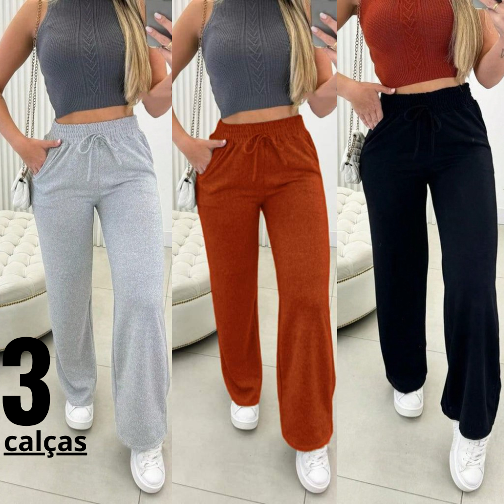 Kit 3 Calça Pantalona Feminina Moletinho Lanzinha Cintura Alta Com Bolso Inverno Wide Led