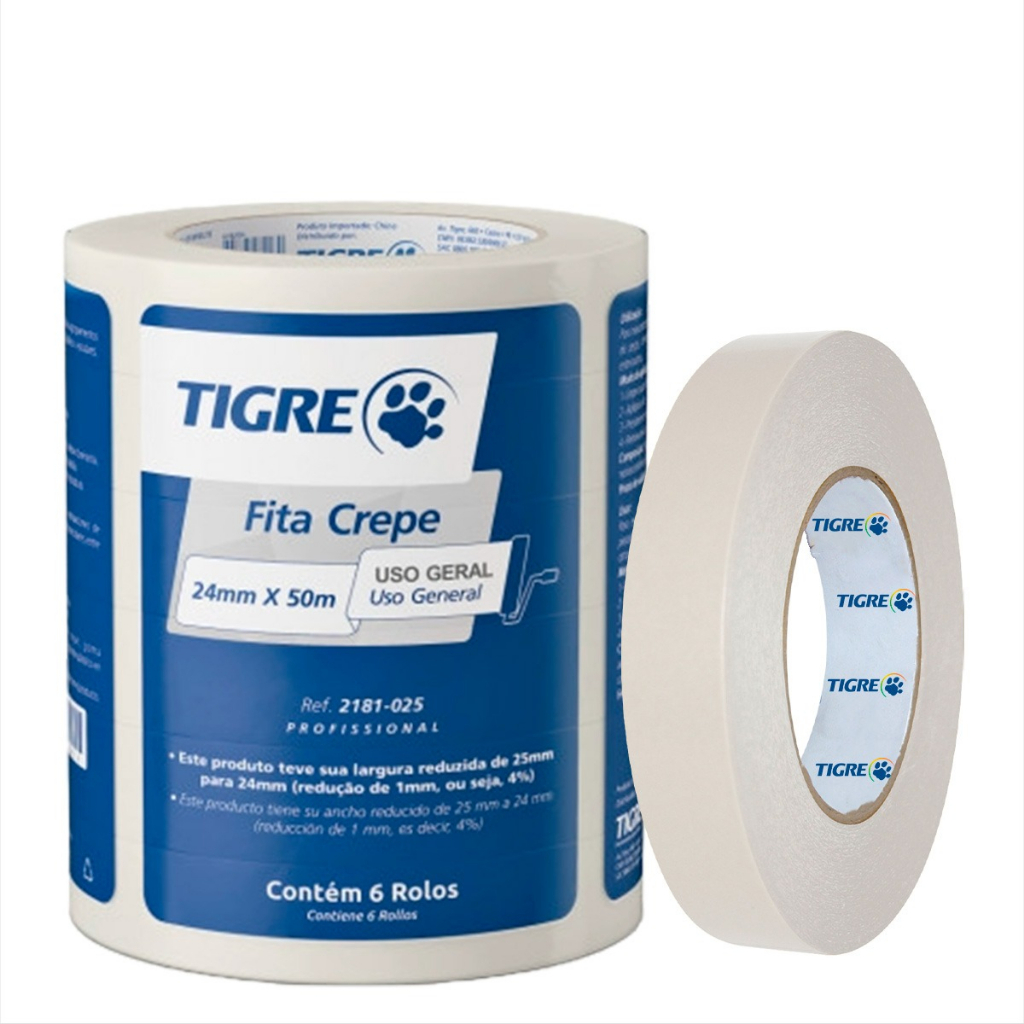 Kit 6 Fitas Crepe Tigre 24mm x 50m Multiuso – Branco Liso – Ideal p/ Pintura e Embalagem