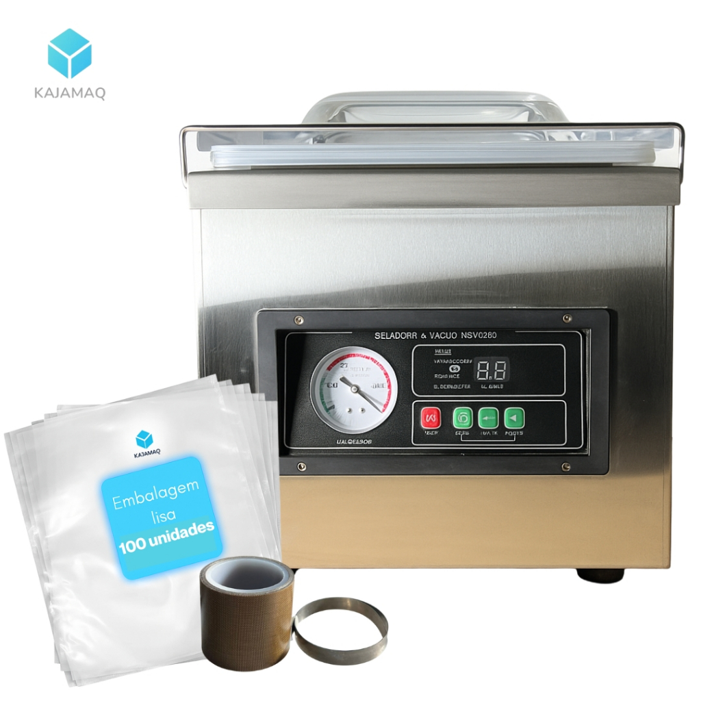 Máquina Seladora á vácuo Inox Industrial DZ260 Embalagem a Vácuo + Teflon Extra+ Resistencia Reserva
