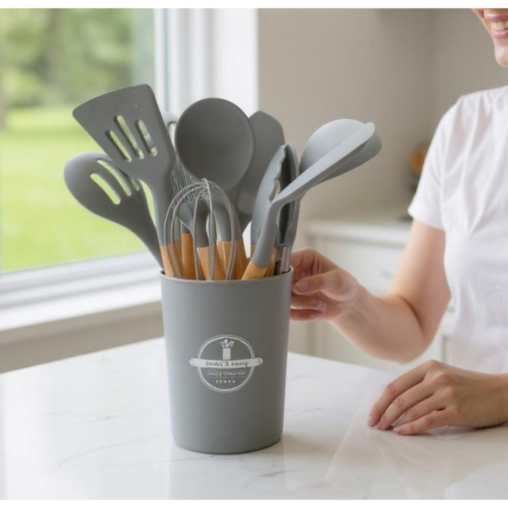 Kit Jogo de Utensílios para Cozinha em Silicone e Cabo de Madeira - 12 Peças