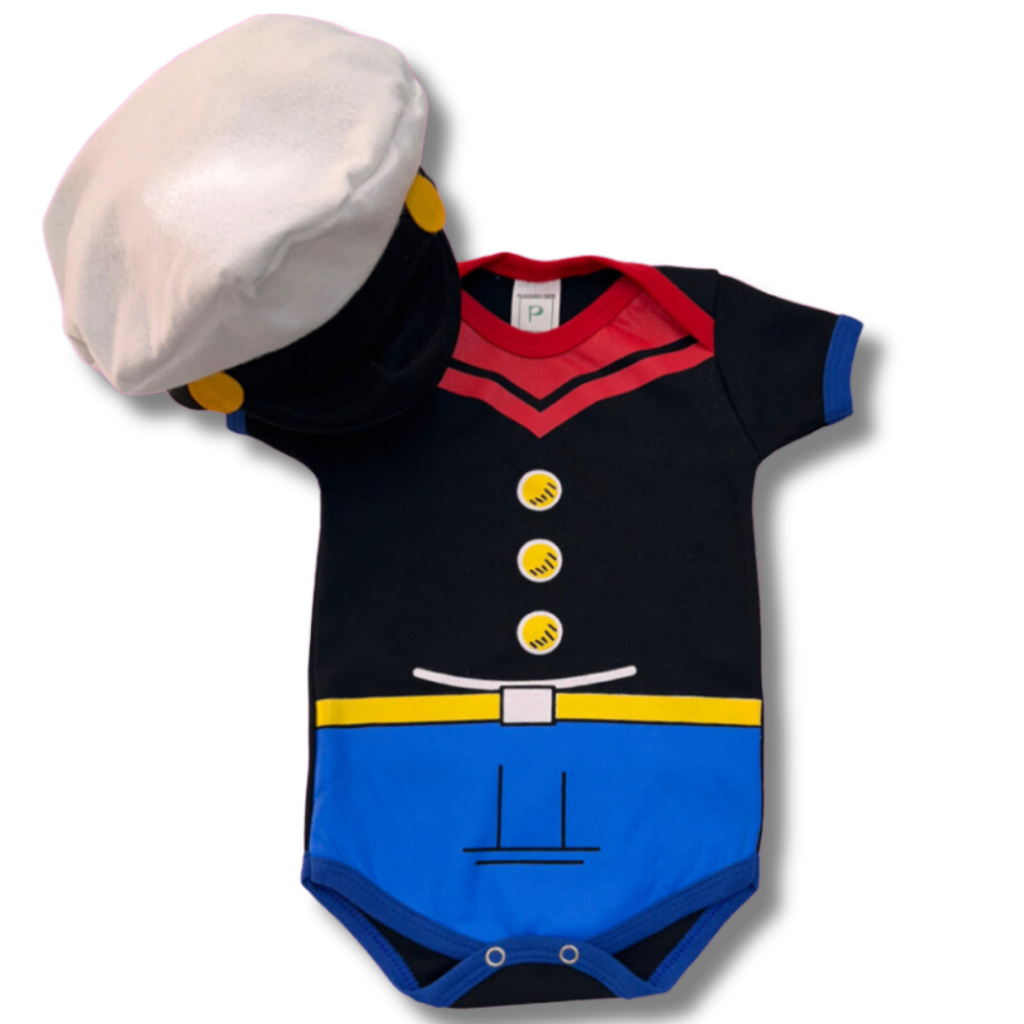 Body Bebê 2 Peças Temático Popeye Com Chapéu Marinheiro Mesversário