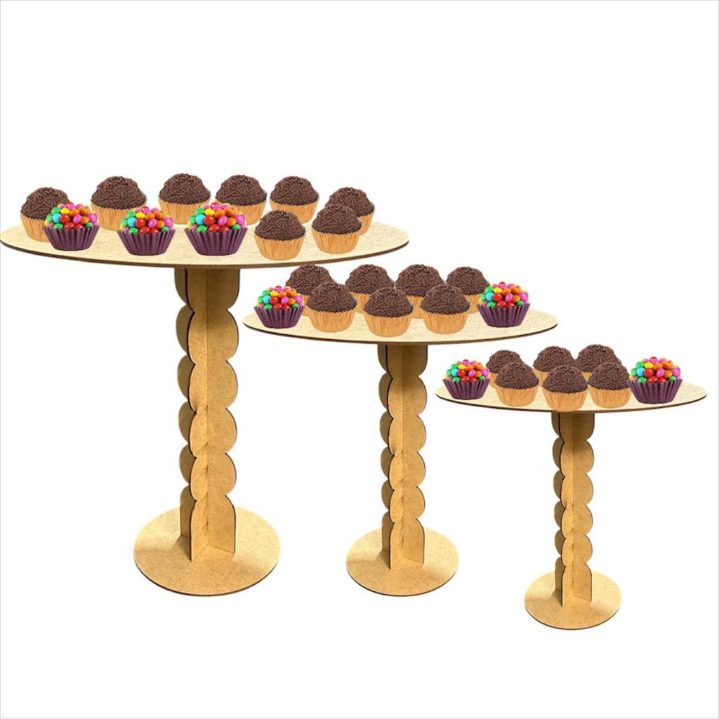 Trio De Boleira Torneado Bandeja Simples Em Mdf Cru Promoção
