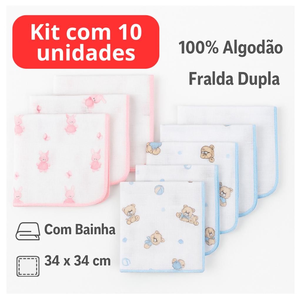 Kit Fraldinha de Boca Bebe Fralda Paninho 10 Unidades Babete 100% Algodão