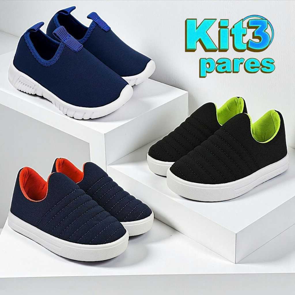 Kit 3 Pares Tênis Calce Fácil Infantil Escolar Menino Confortável