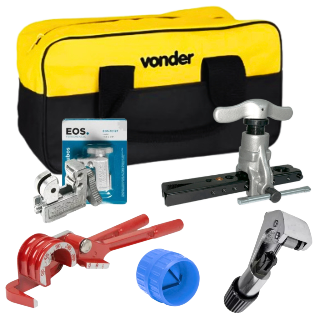 Kit Flangeador Excêntrico Sem Catraca C/ Cortador e Escareador + Curvador de Tubos de Cobre Ar condicionado Refrigeração