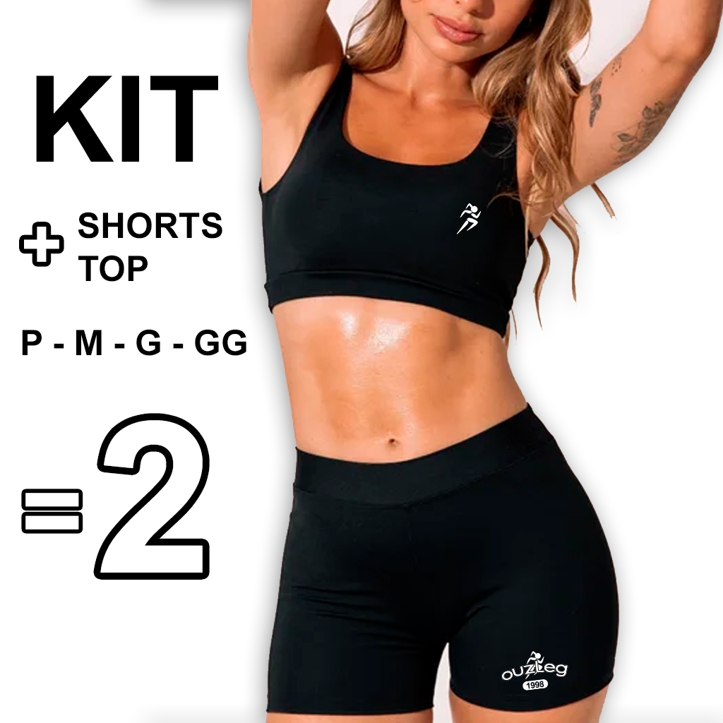 Conjunto Shorts Leg e Top Feminino Curto Suplex Cintura Alta