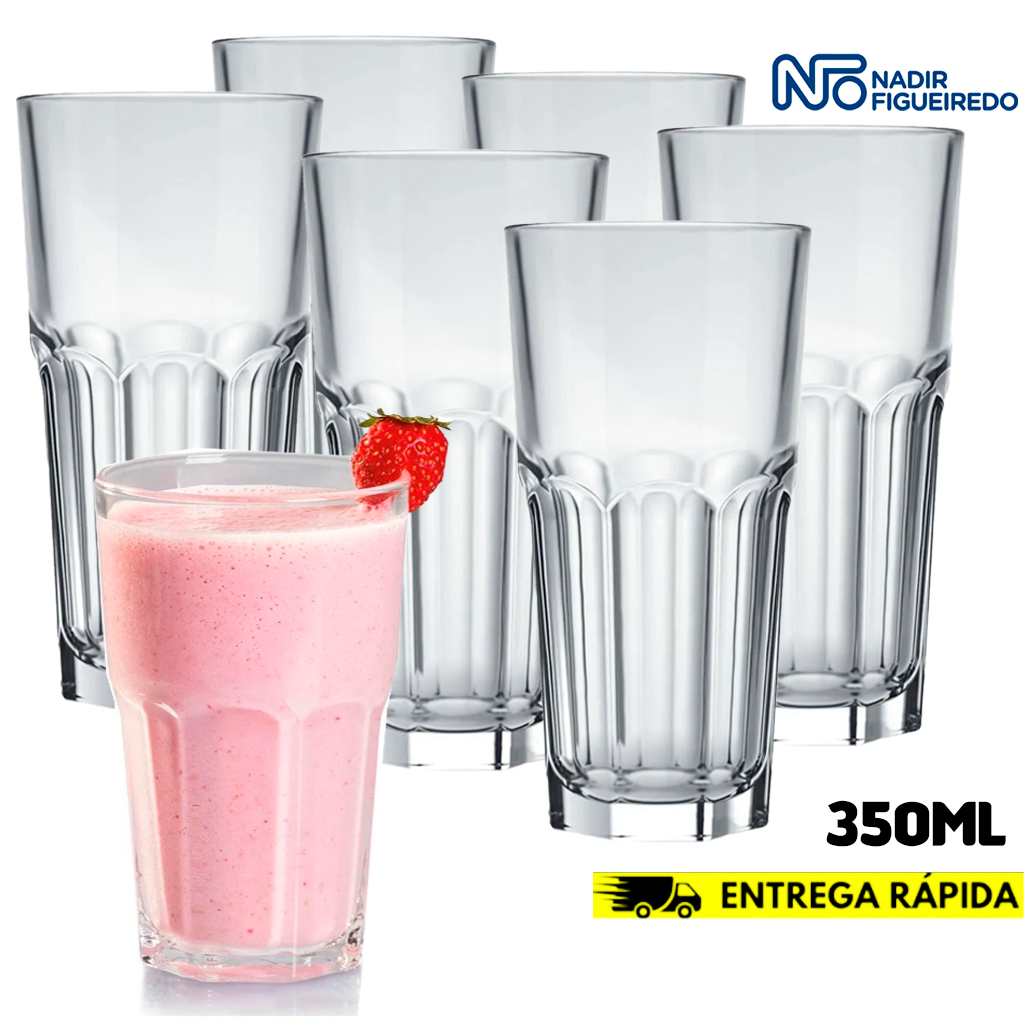 Kit 06 Copos Bristol Reforçado Nadir 350ml Vitaminas Longo Drink - Vitaminas Outback Bar Lanchonete